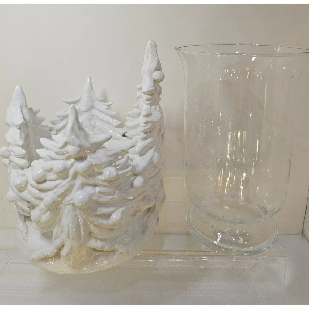 I Borbone Capodimonte Italian Ceramic‎ Winter Candle Holder Hurricane Glass RARE